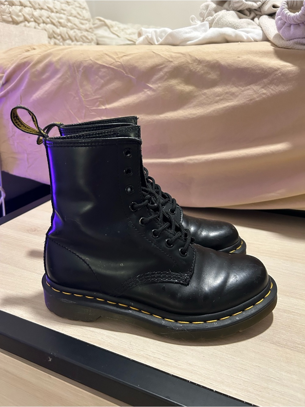 Dr. Martens Black Leather Lace-Up Combat Boots with Yellow Stitch